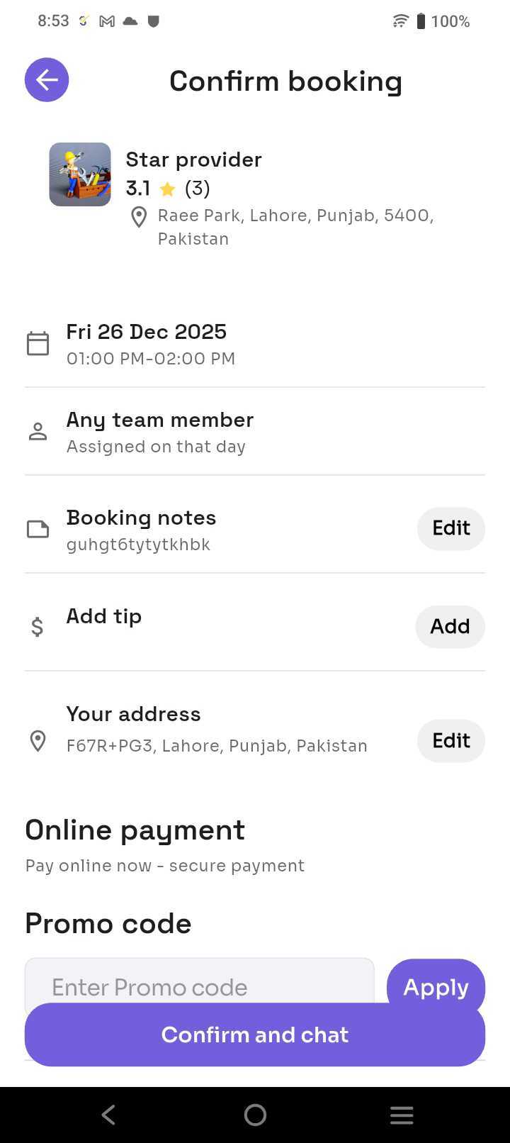 MyRightHandMan mobile app - Confirm booking screen